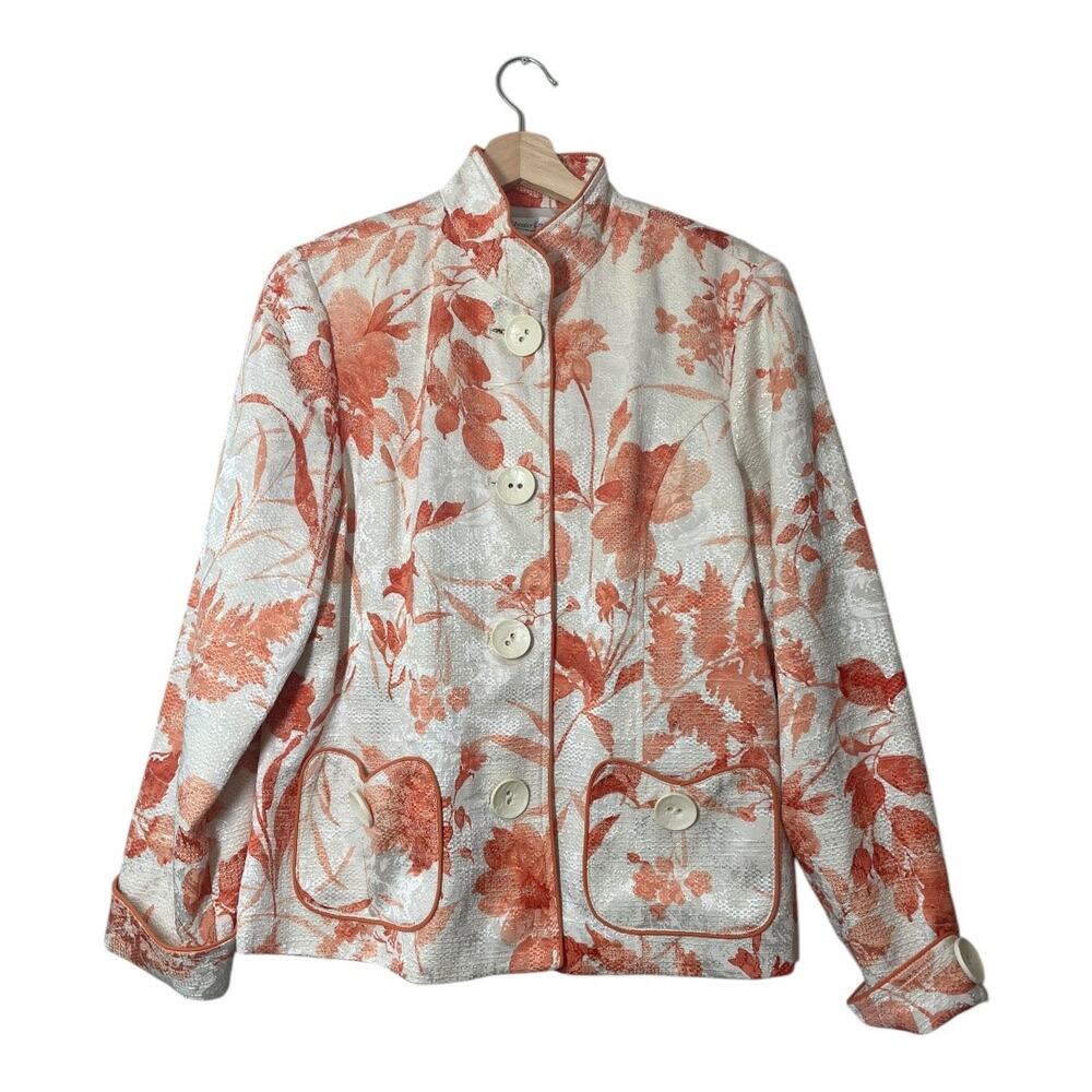 Coldwater Creek Orange Cream Floral Tapestry Jacquard Blazer Size 16 Plus